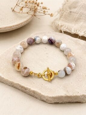 Hand Crafted Gold Toggle Beach Agate Beaded Bracelet - Neutral Tones